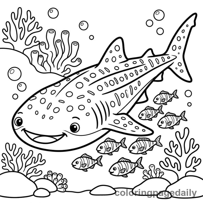 Whale Shark And Pilot Fish - Daily printable coloring page in Ocean and Underwater Life category