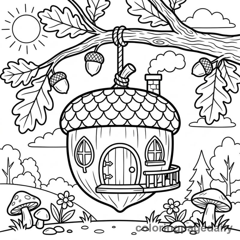 Whimsical Acorn House - Daily printable coloring page in Scenery category