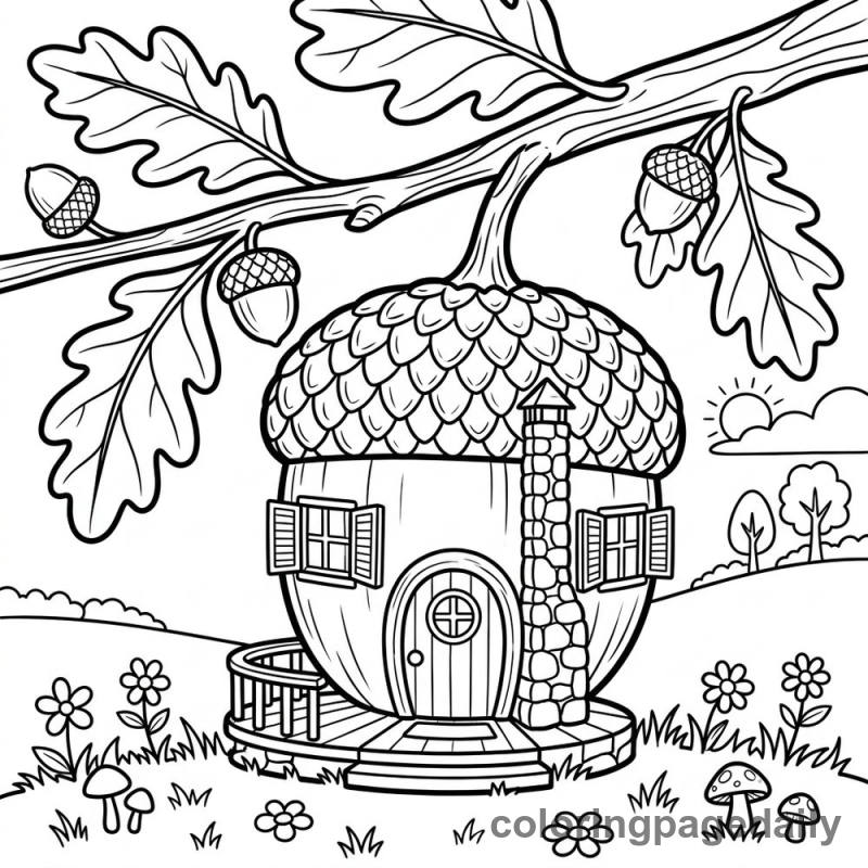 Whimsical Acorn House - Daily printable coloring page in Scenery category