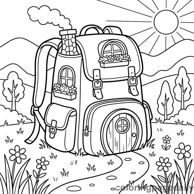 Whimsical Backpack House - Daily printable coloring page in Scenery category