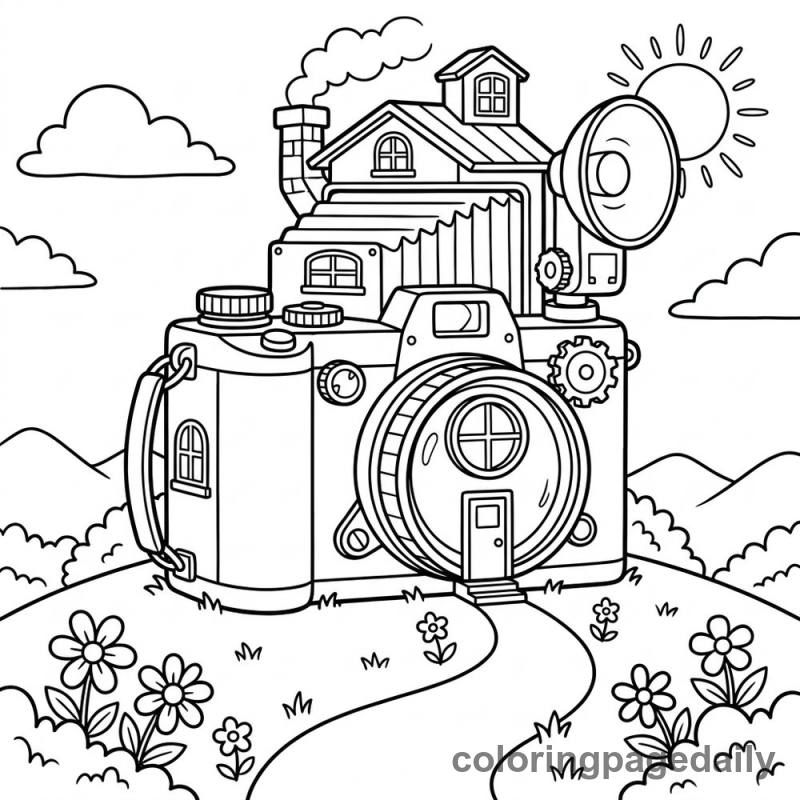 Whimsical Camera House - Daily printable coloring page in Scenery category
