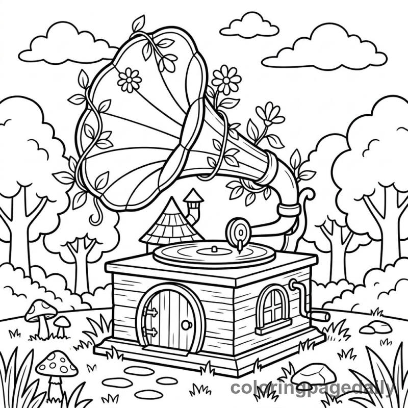 Whimsical Gramophone House Forest - Daily printable coloring page in Scenery category