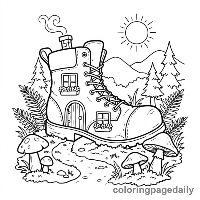 Whimsical Hiking Boot House - Daily printable coloring page in Scenery category