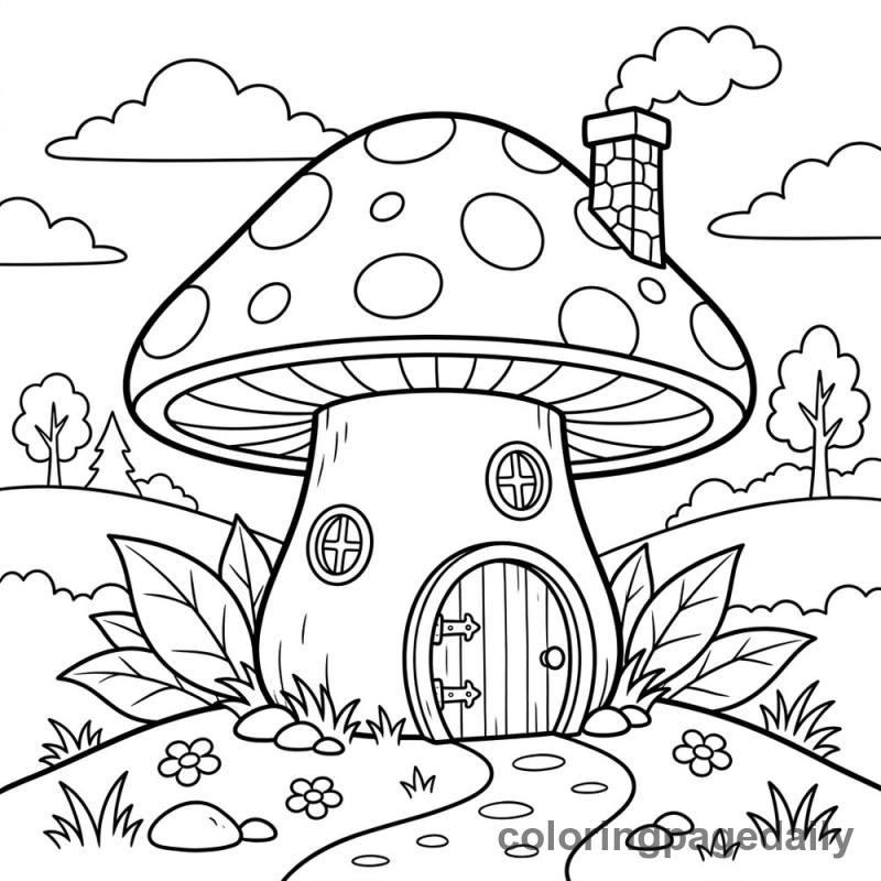 Whimsical Mushroom House - Daily printable coloring page in Scenery category