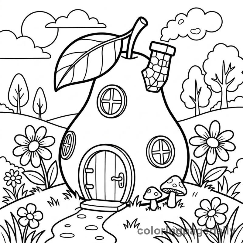 Whimsical Pear House - Daily printable coloring page in Scenery category