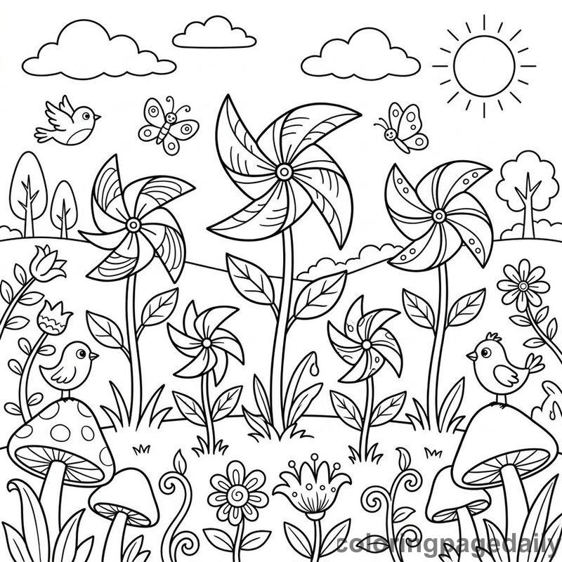 Whimsical Pinwheel Meadow - Daily printable coloring page in Scenery category
