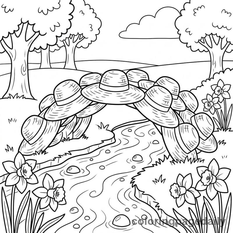 Whimsical Straw Hat Bridge - Daily printable coloring page in Scenery category
