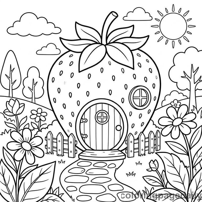 Whimsical Strawberry House - Daily printable coloring page in Scenery category
