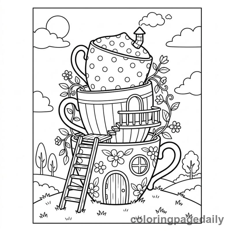 Whimsical Teacup Tower House - Daily printable coloring page in Scenery category