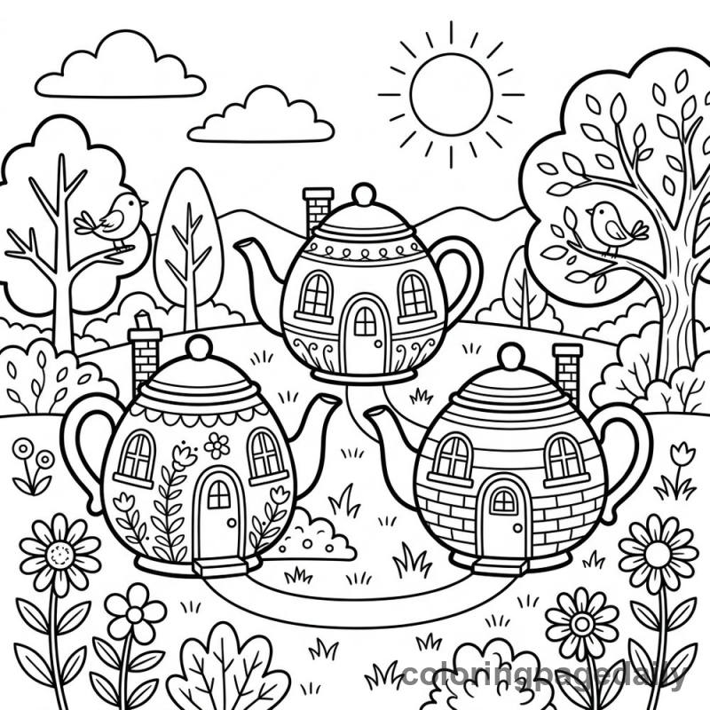 Whimsical Teapot Village - Daily printable coloring page in Scenery category