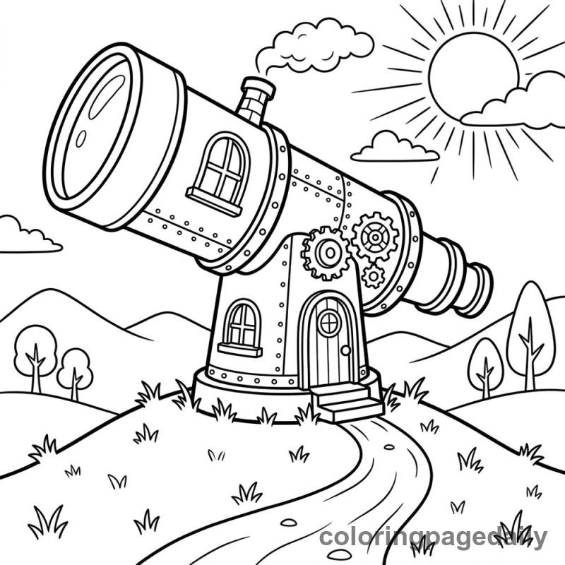 Whimsical Telescope House - Daily printable coloring page in Scenery category