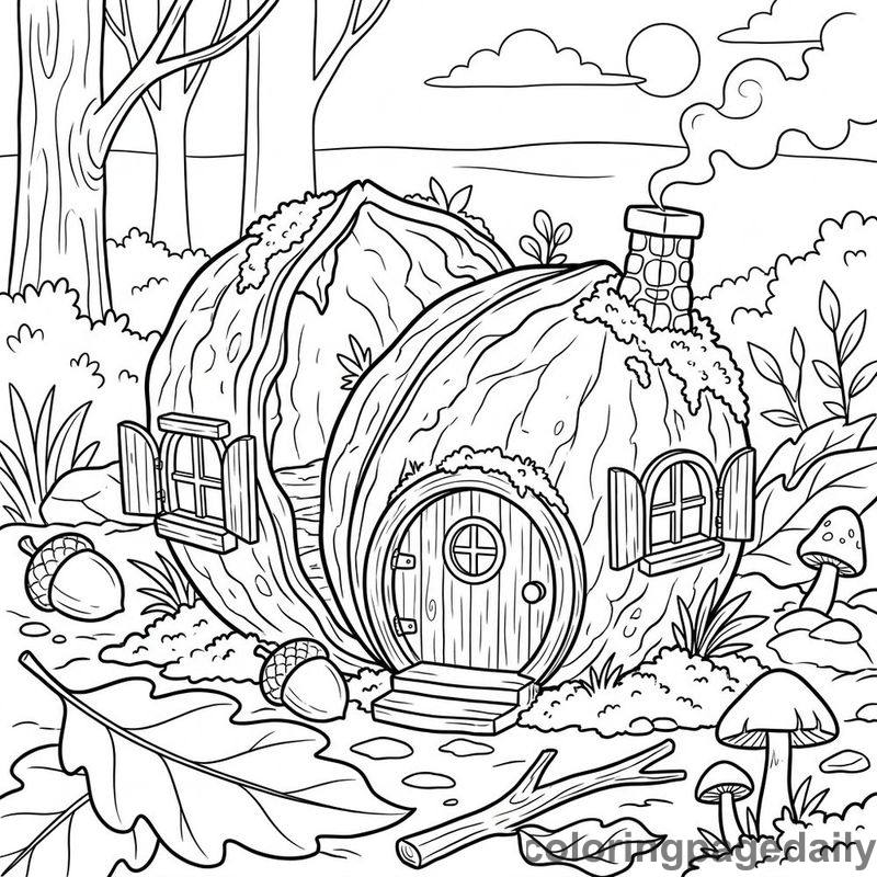 Whimsical Walnut Shell House - Daily printable coloring page in Scenery category
