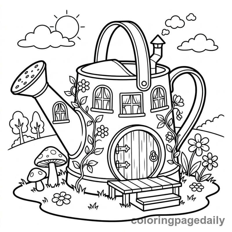 Whimsical Watering Can House - Daily printable coloring page in Scenery category