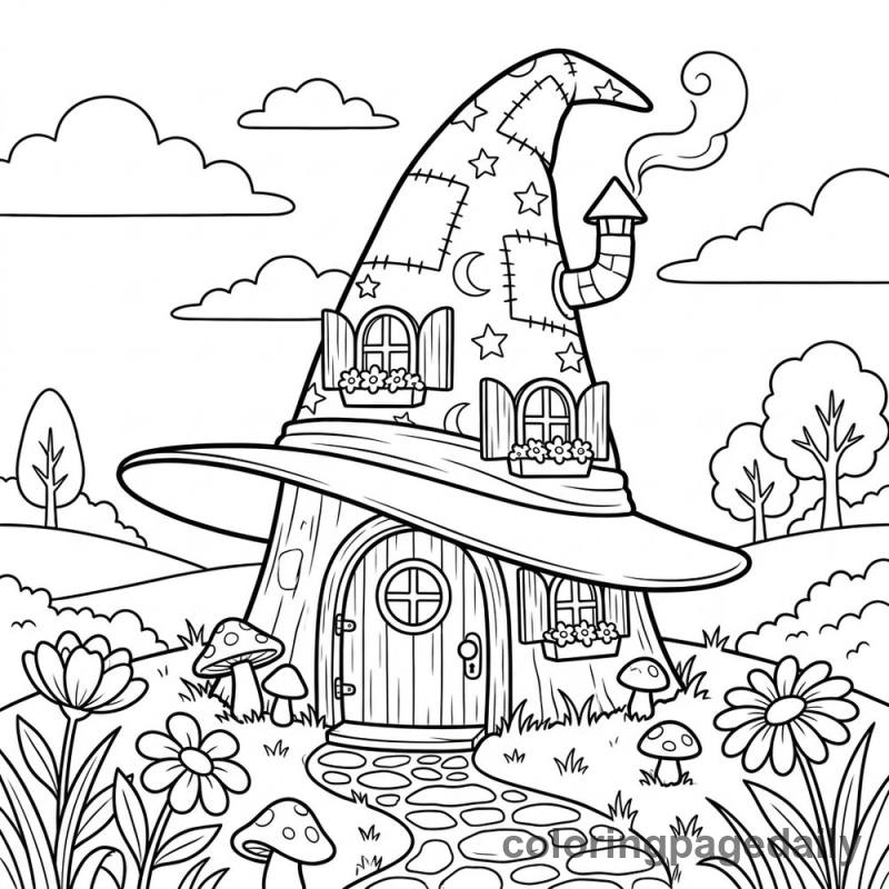 Whimsical Wizard Hat House - Daily printable coloring page in Scenery category