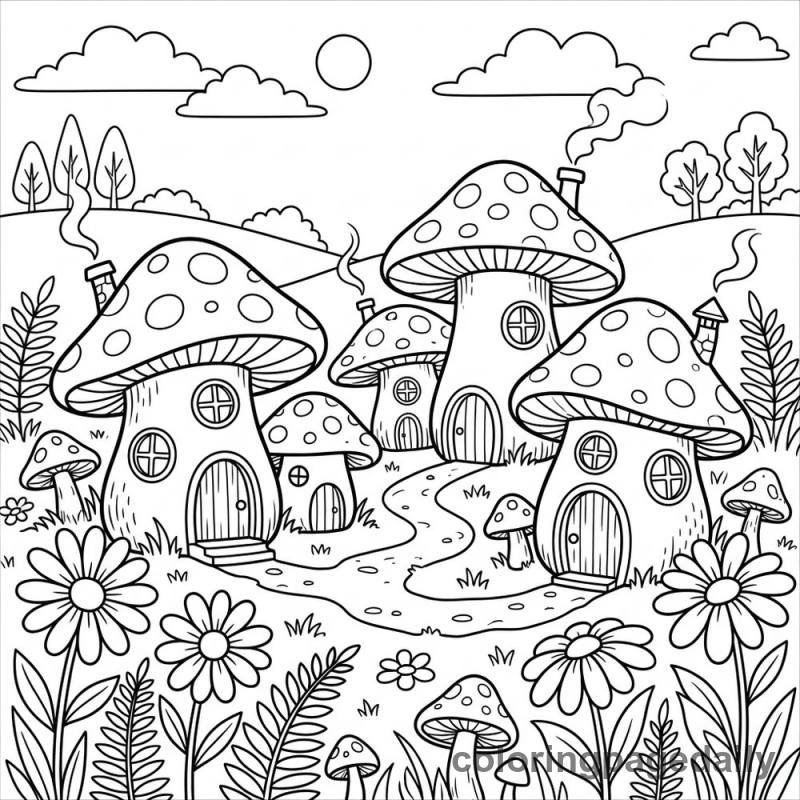 The Whispering Mushroom Meadow - Daily printable coloring page in Scenery category