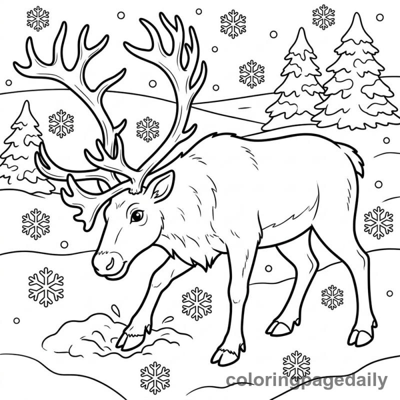 Wild Reindeer Grazing - Daily printable coloring page in Winter and Snow Season category