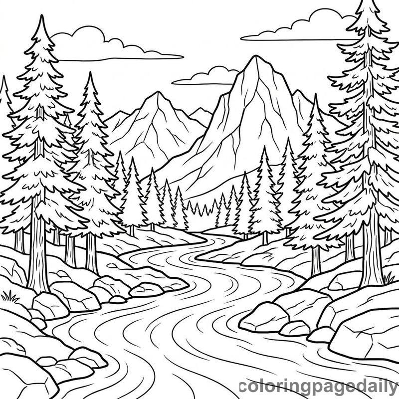 Winding River Through Pine Forest - Daily printable coloring page in Scenery category