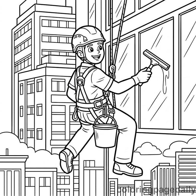 Window Cleaner Washing Skyscraper - Daily printable coloring page in Professions category
