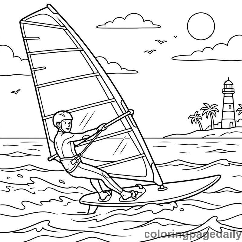 Windsurfer Riding The Ocean Breeze - Daily printable coloring page in Sports category