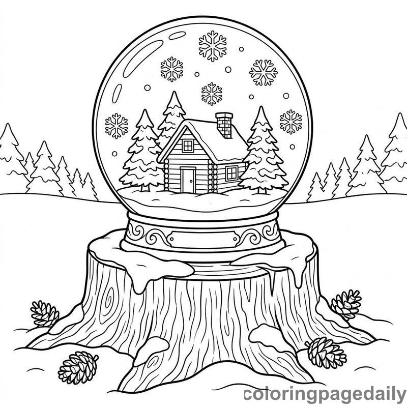 Winter Cabin Snow Globe - Daily printable coloring page in Winter and Snow Season category