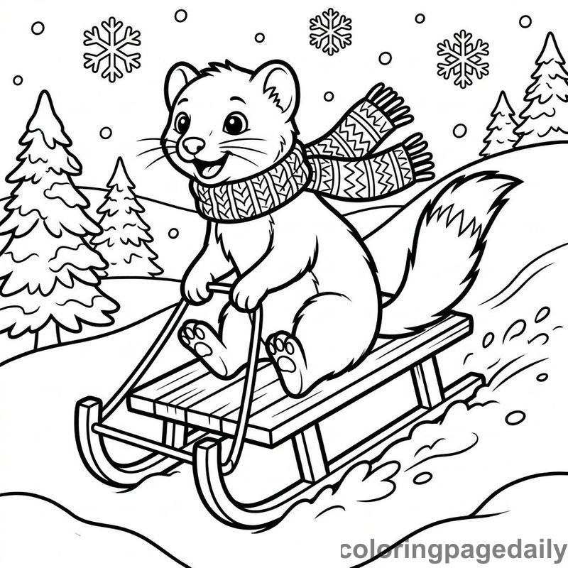 Winter Ermine Sledding Fun - Daily printable coloring page in Winter and Snow Season category