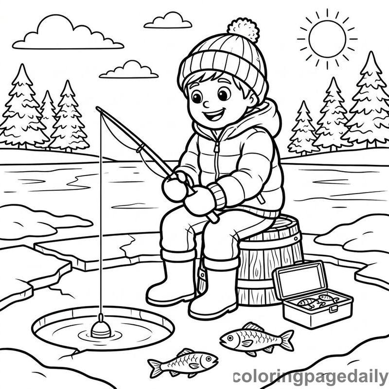 Winter Ice Fishing Fun - Daily printable coloring page in Winter and Snow Season category