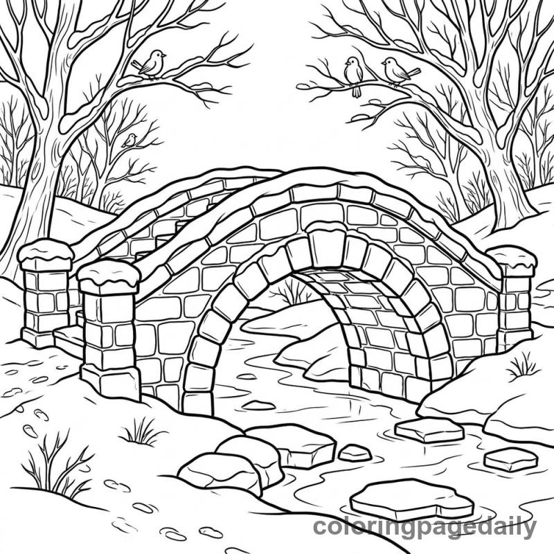 Winter Stone Bridge - Daily printable coloring page in Winter and Snow Season category