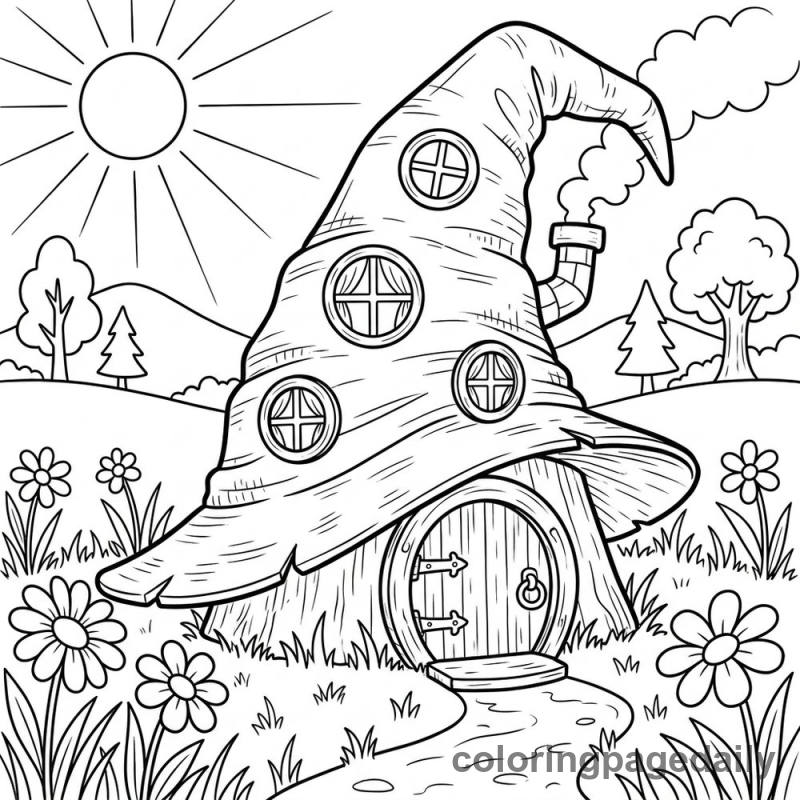 Wizard Hat House - Daily printable coloring page in Scenery category
