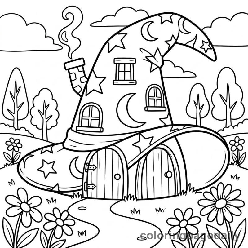 Wizard Hat House - Daily printable coloring page in Scenery category