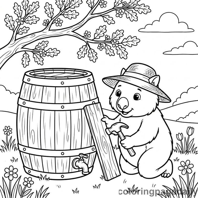 Wombat Assembling Rain Barrel - Daily printable coloring page in Animals category