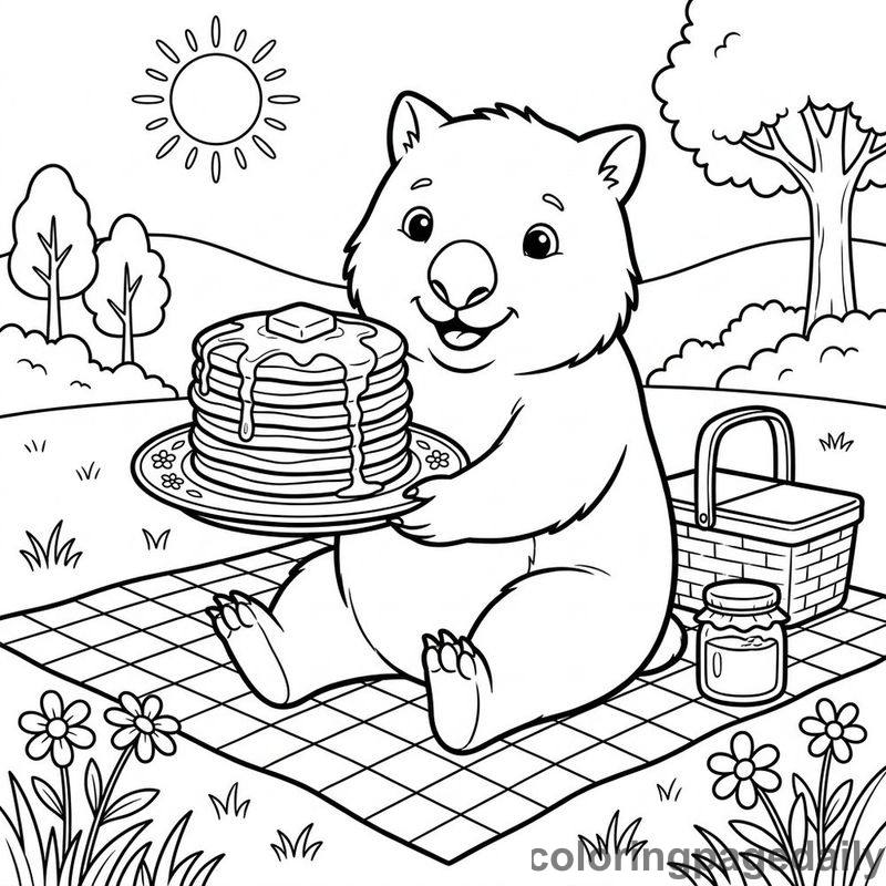 Wombat Balancing Fresh Pancakes - Daily printable coloring page in Animals category