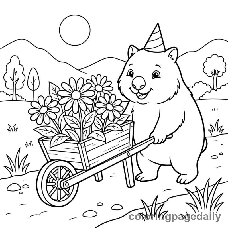 Wombat's Flower Delivery - Daily printable coloring page in Animals category