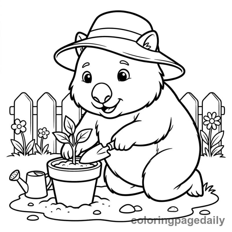 Wombat Gardening Fun - Daily printable coloring page in Animals category