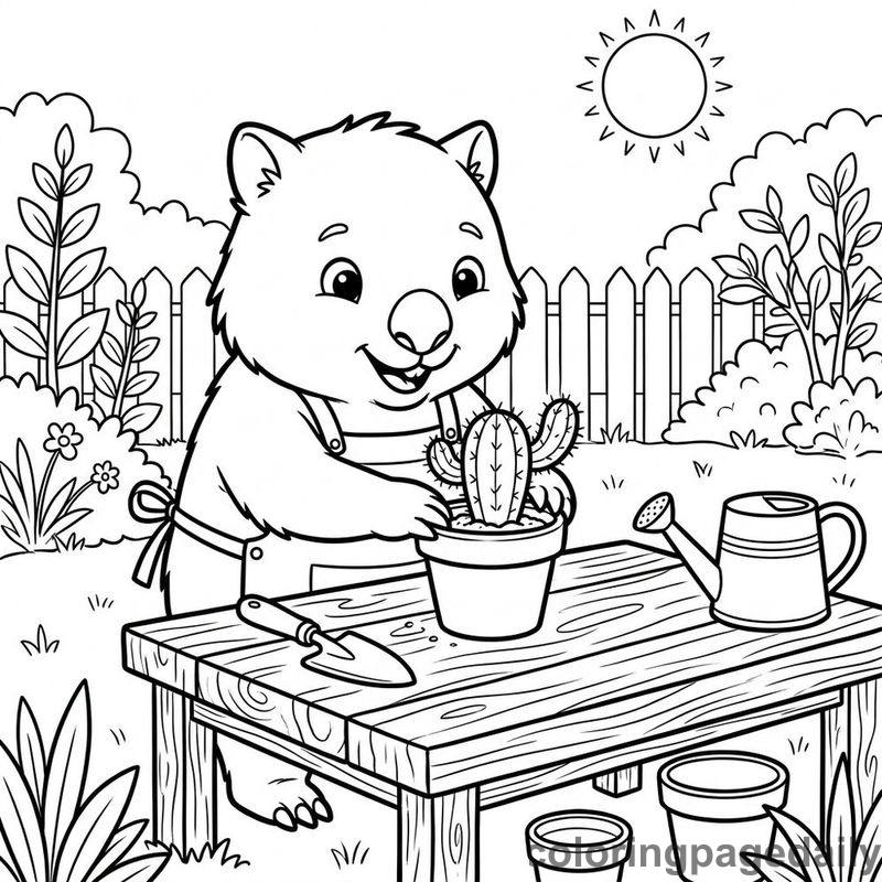 Wombat Planting A Cactus - Daily printable coloring page in Animals category