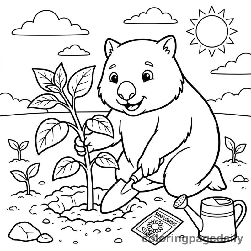 Wombat Planting Sunflowers - Daily printable coloring page in Animals category