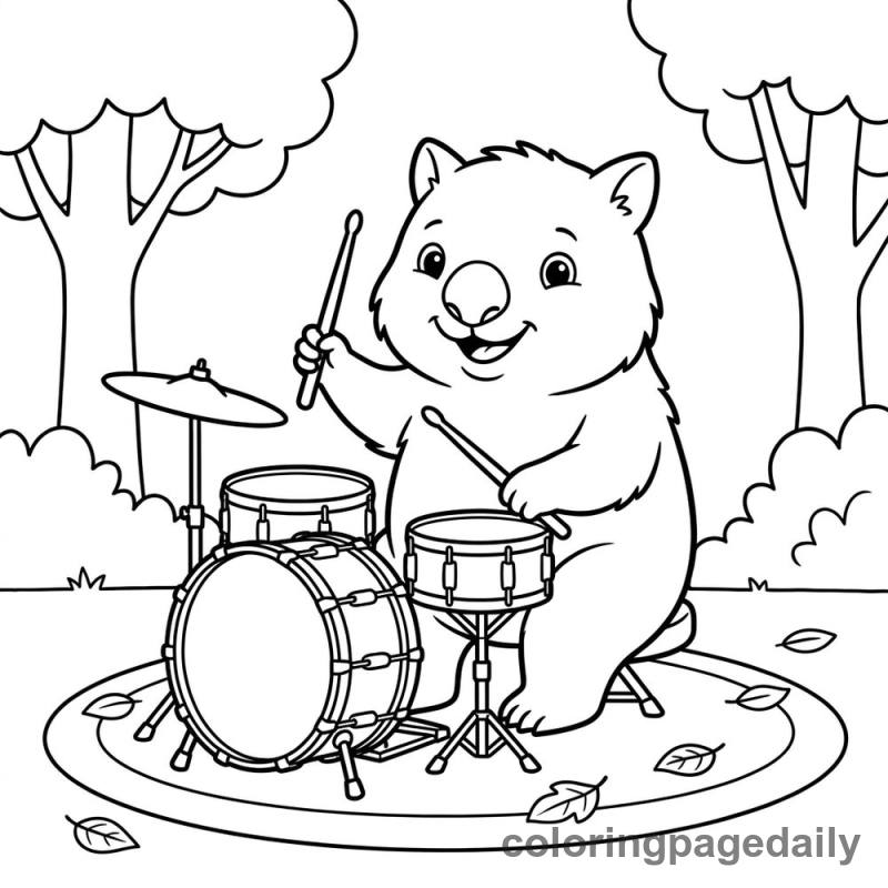 Wombat Playing Drums - Daily printable coloring page in Animals category
