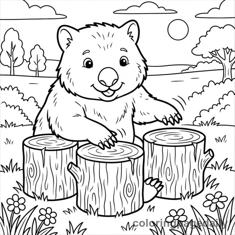 Wombat Playing Log Drums - Daily printable coloring page in Animals category