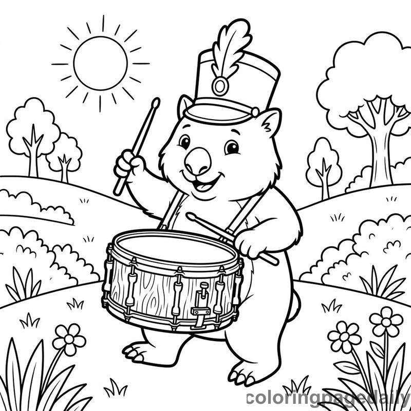 Wombat Playing Snare Drum - Daily printable coloring page in Animals category