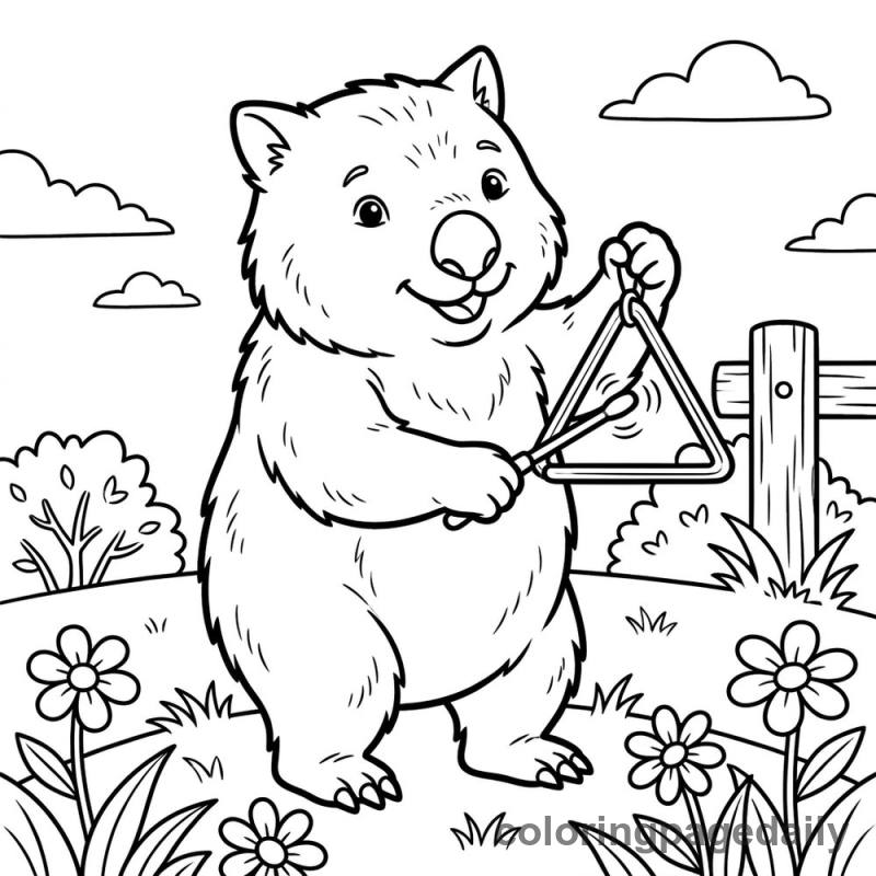 Wombat Playing the Triangle - Daily printable coloring page in Animals category