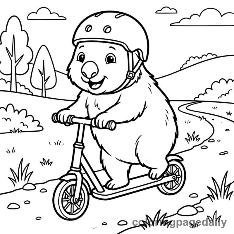 Wombat Riding Scooter - Daily printable coloring page in Animals category