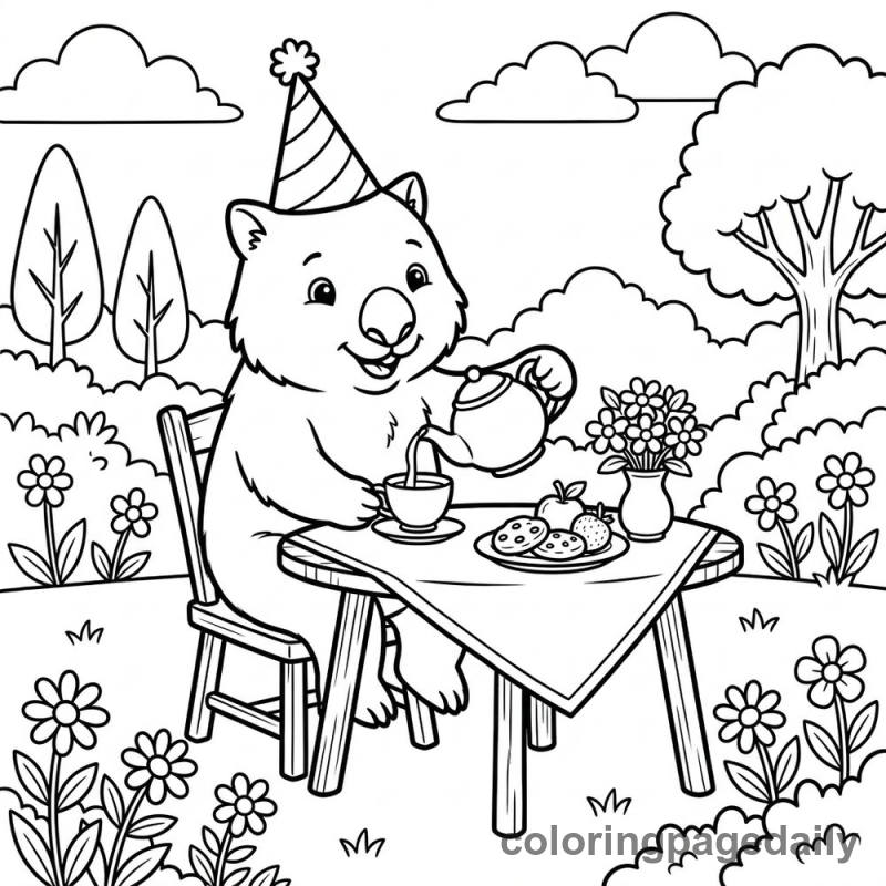 Wombat Tea Party - Daily printable coloring page in Animals category