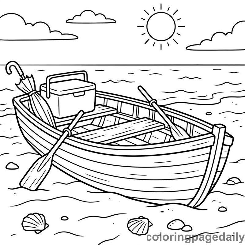 Wooden Rowboat On Beach - Daily printable coloring page in Summer Vacation category
