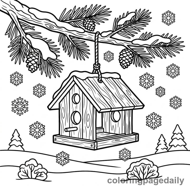 Wooden Winter Birdfeeder - Daily printable coloring page in Winter and Snow Season category