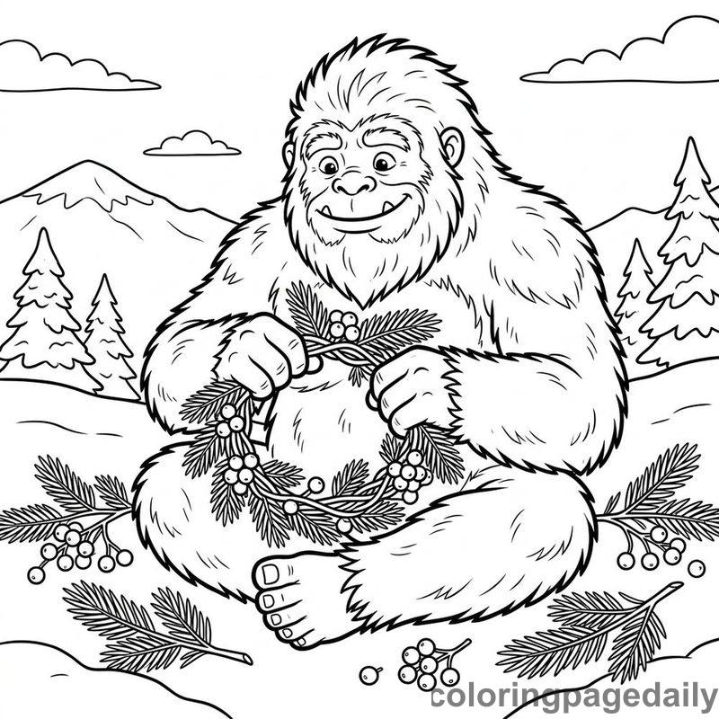 Yeti Weaving Winter Crown - Daily printable coloring page in Mythical Creature category