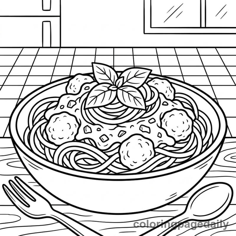 A Yummy Bowl of Spaghetti - Daily printable coloring page in Food category