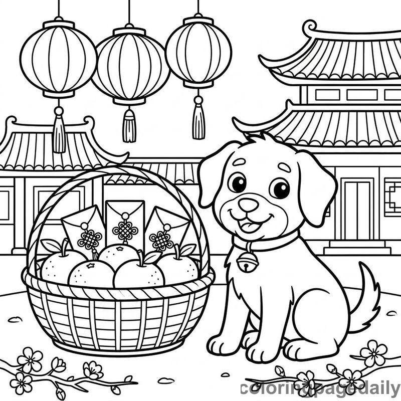 Zodiac Dog Festive Basket - Daily printable coloring page in Chinese New Year category