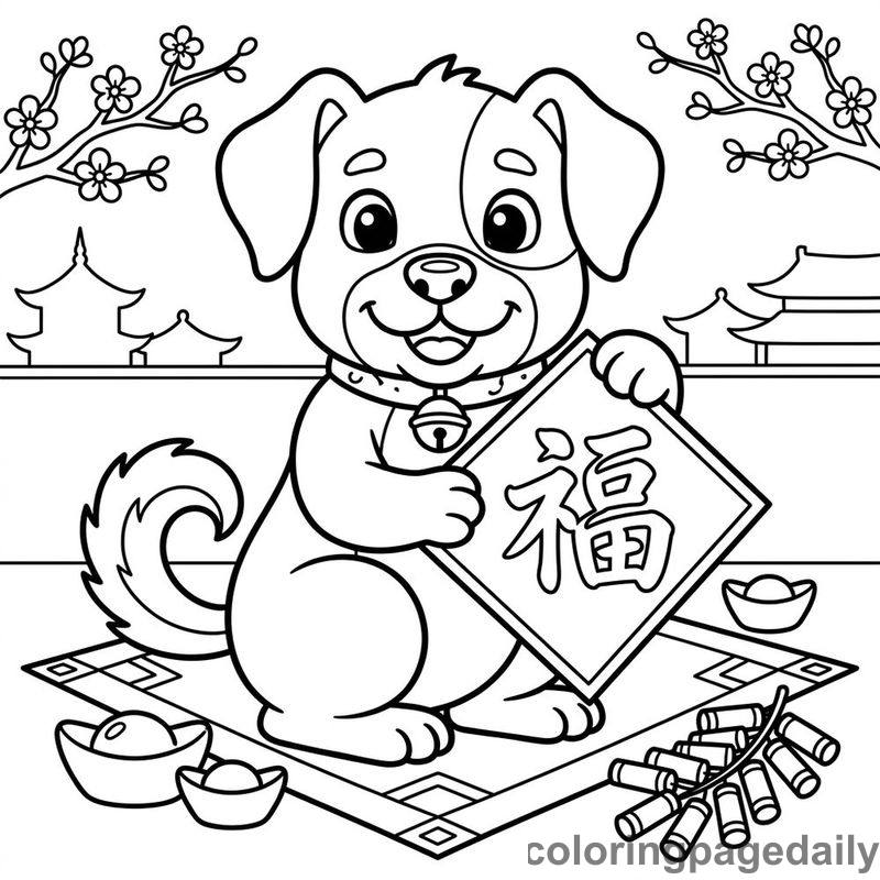 Zodiac Dog With Fortune Sign - Daily printable coloring page in Chinese New Year category