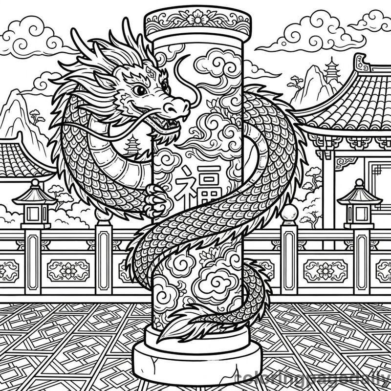 Zodiac Dragon Stone Pillar - Daily printable coloring page in Chinese New Year category