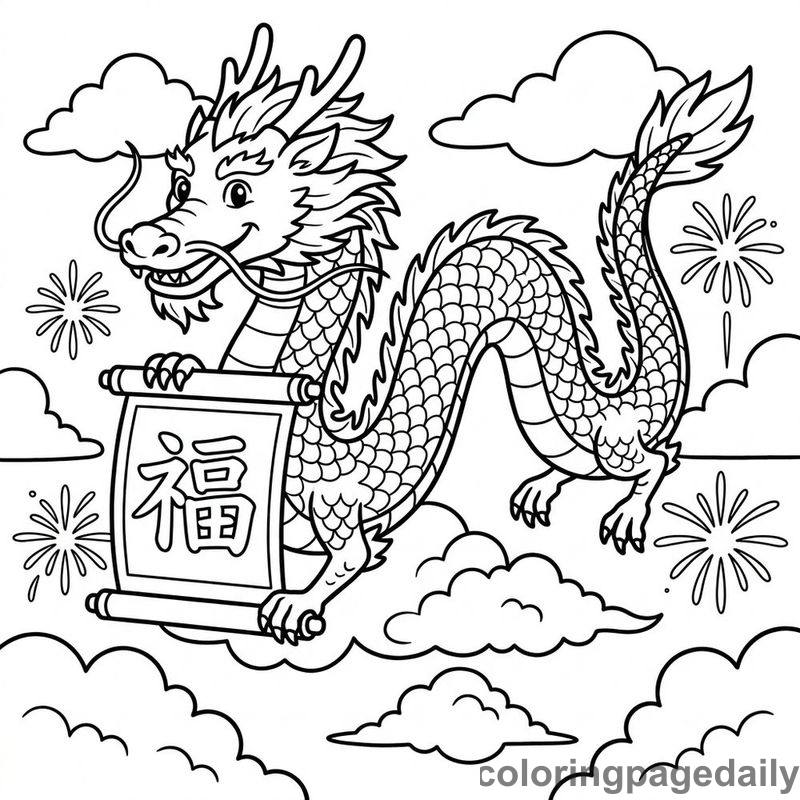 Zodiac Dragon With Scroll - Daily printable coloring page in Chinese New Year category