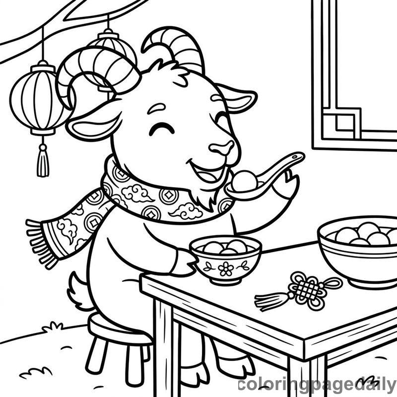 Zodiac Goat Eating Sweet Tangyuan - Daily printable coloring page in Chinese New Year category